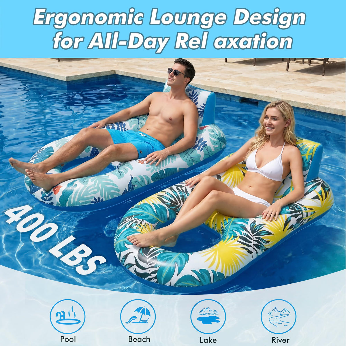 2 Pack Adult Pool Float Lounger with Cup Holders J666