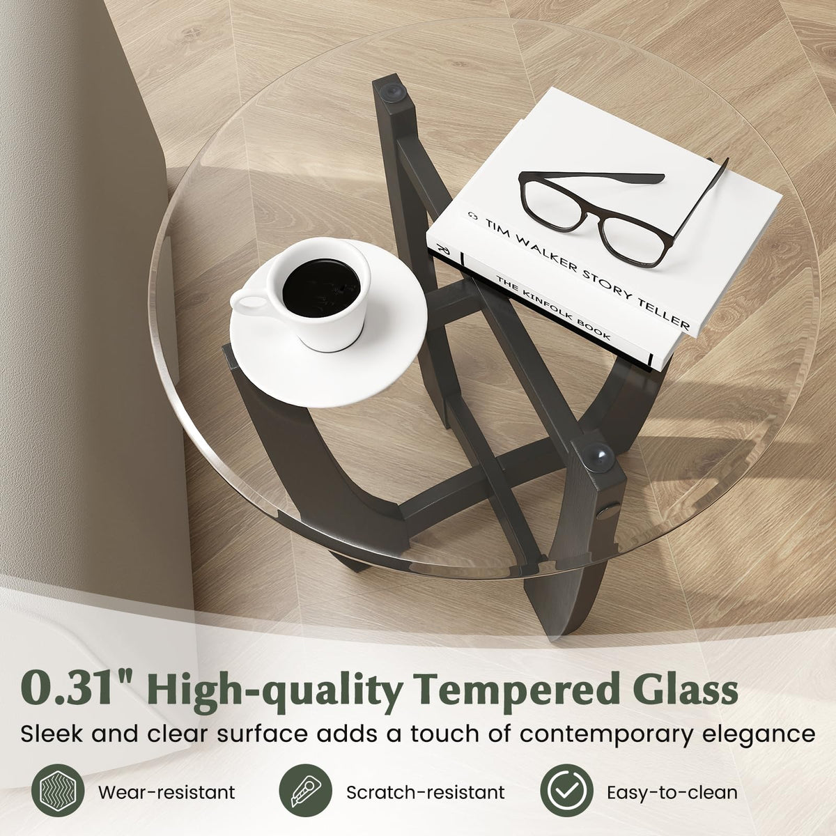 Glass Round End Table Set of 2, 23.5" Black O8119