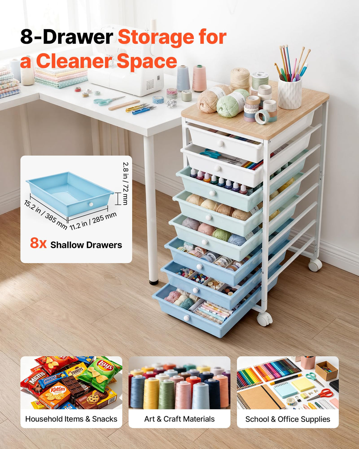 8 Drawer Rolling Storage Cart with Wood Top Y5191