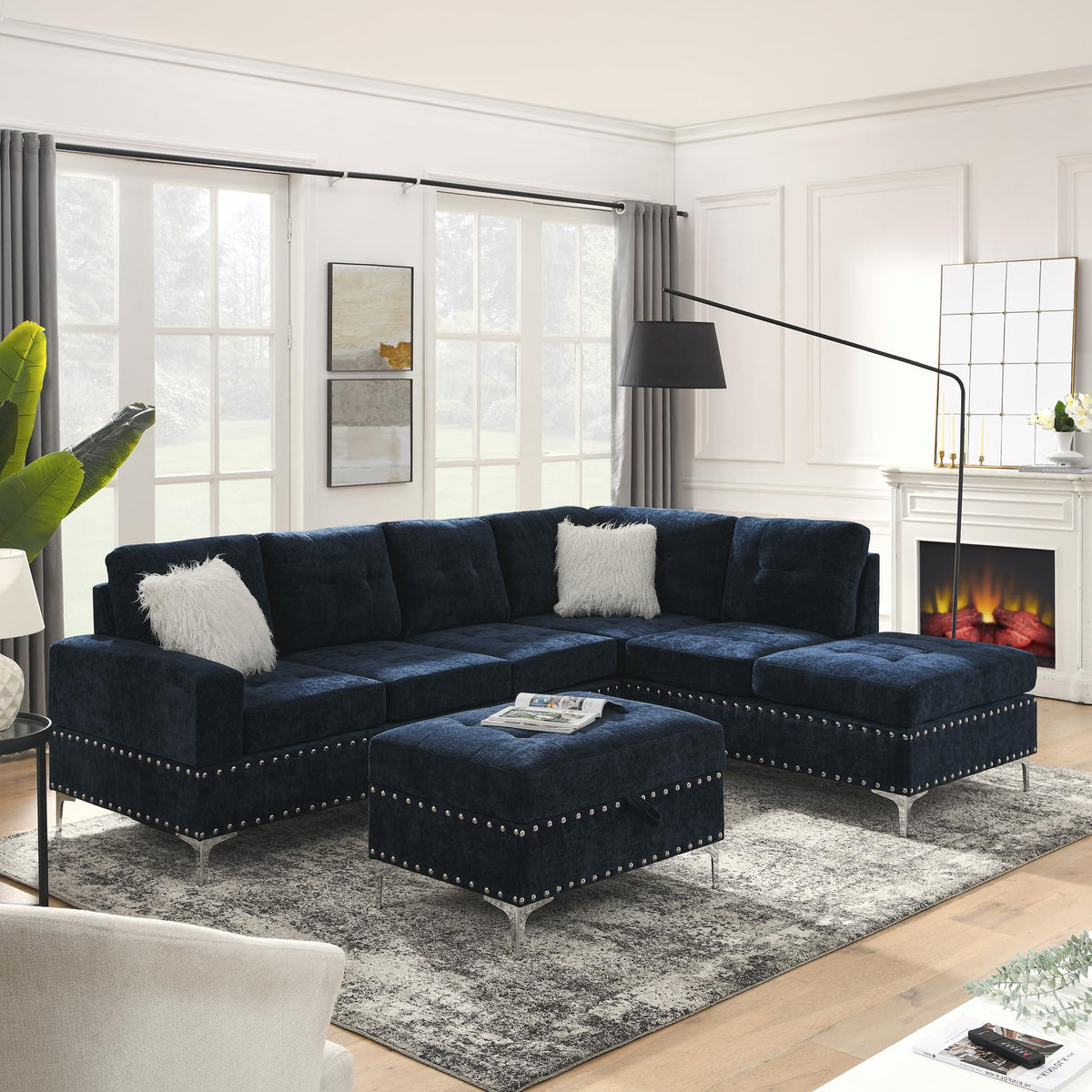 108'' Chenille Navy Blue L-Shaped Sectional Sofa with Storage Ottoman O45356