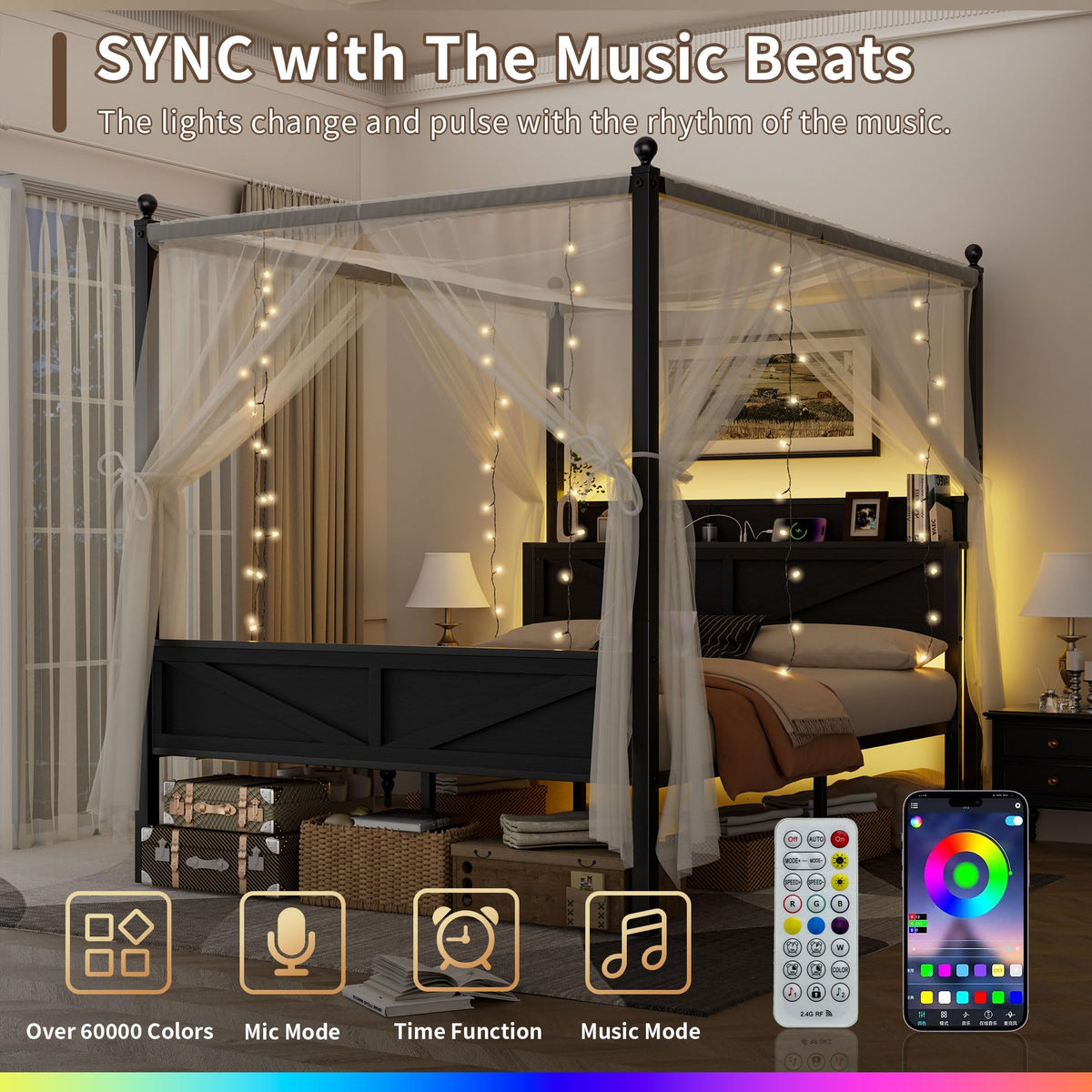Queen Size Metal Canopy Bed Frame with Storage Headboard I3845