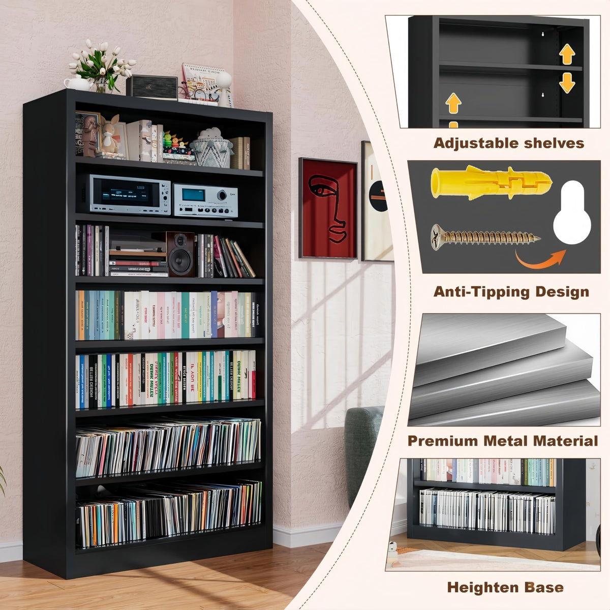 55" Metal Media Storage Cabinet with 6 Adjustable Shelves Z631