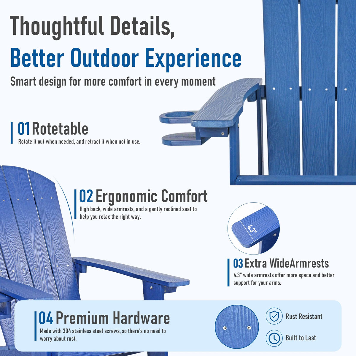Blue HDPE Adirondack Chair with Cup Holders B636