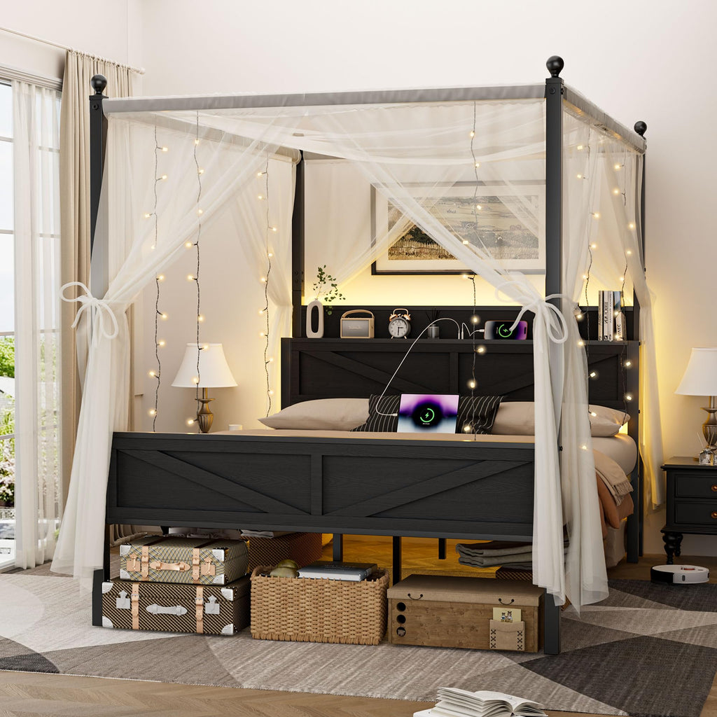 Queen Size Metal Canopy Bed Frame with Storage Headboard I3845