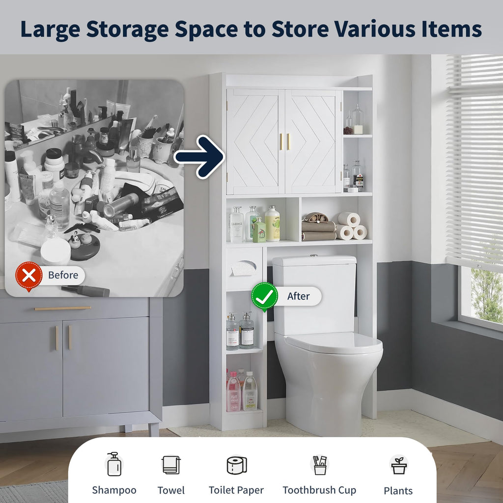 Over The Toilet Storage Cabinet with Adjustable Shelves and Toilet Paper Holder Stand White B618