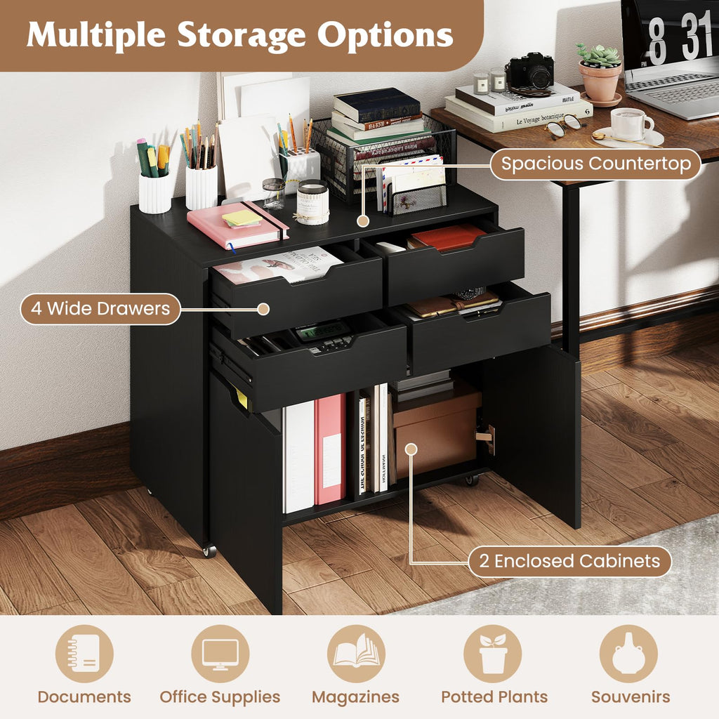 Black 4-Drawer Rolling File Cabinet V4881