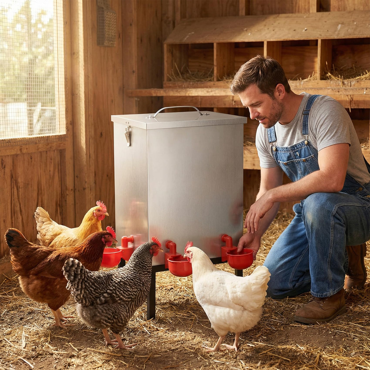 3 Gallon Stainless Steel Chicken Waterer with Cups & Nipples L9754