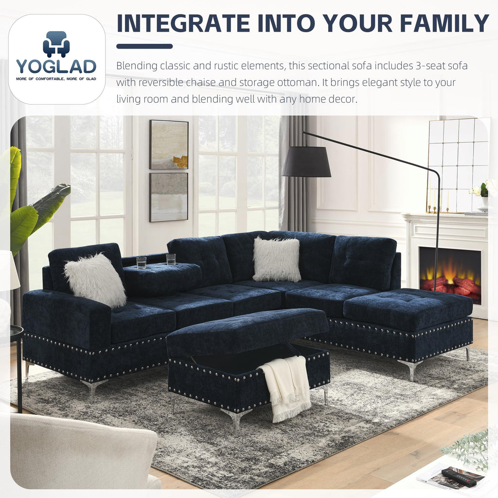 108'' Chenille Navy Blue L-Shaped Sectional Sofa with Storage Ottoman O45356
