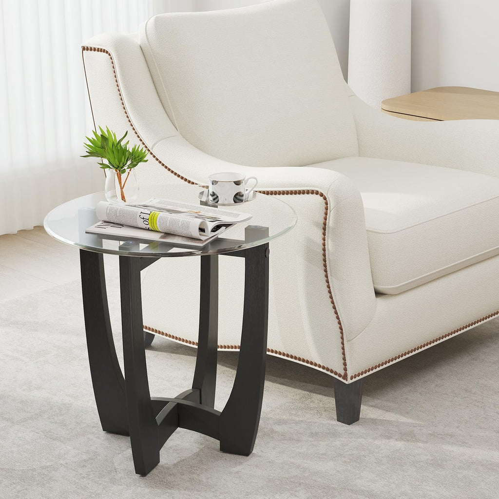 Glass Round End Table Set of 2, 23.5" Black O8119