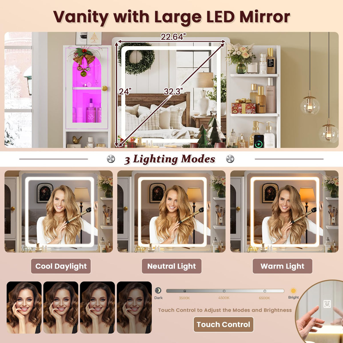 White Vanity Desk with Mirror and LED Lights H602
