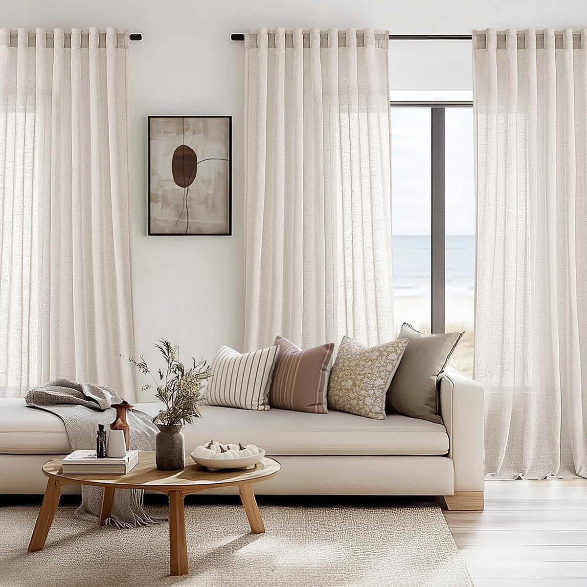 Natural White Semi Sheer Linen Curtains 120 inch 2 Panels X94609