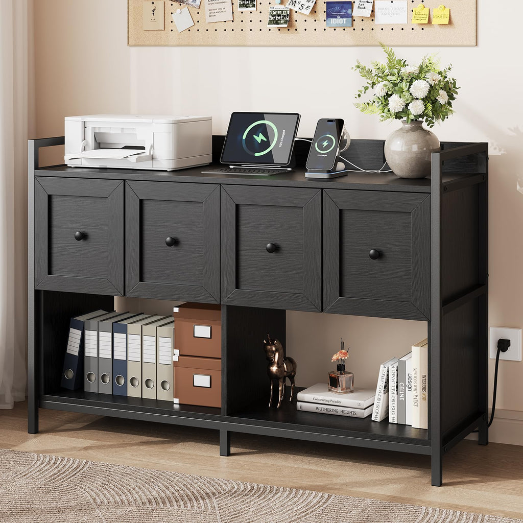 Black 2 Drawer Wood File Cabinet with Power Outlet P134890