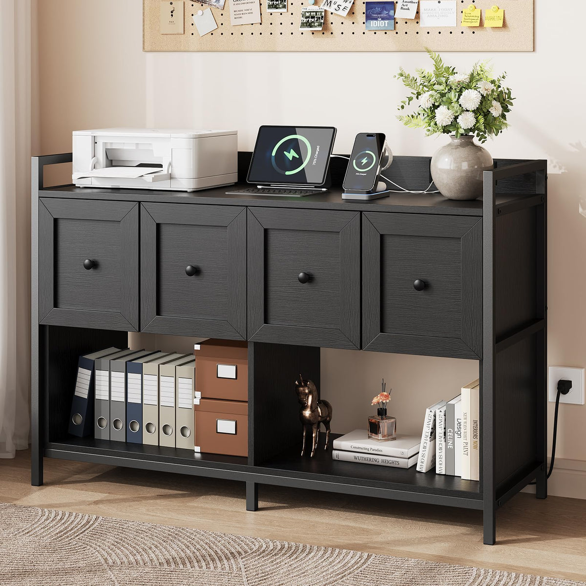 Black 2 Drawer Wood File Cabinet with Power Outlet P134890