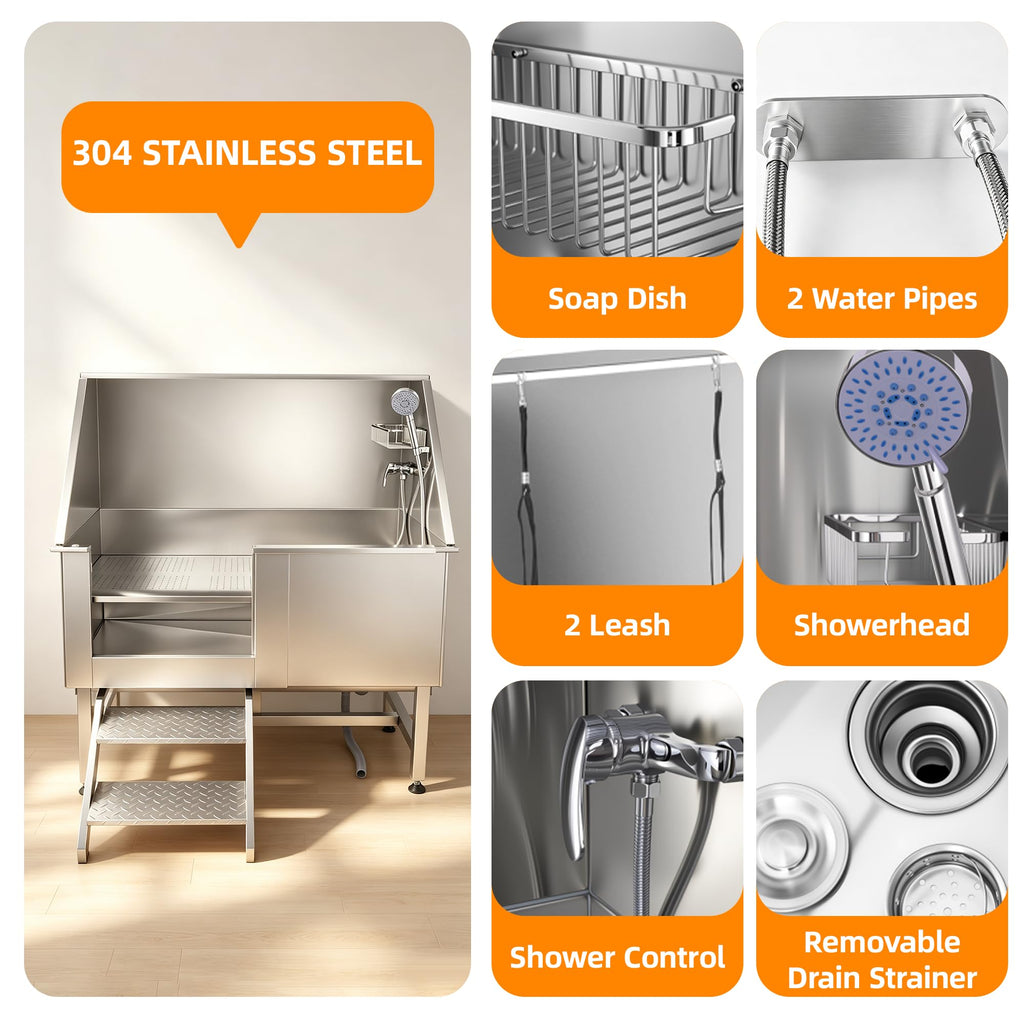 304 Stainless Steel Dog Washing Station with Stairs and 2 Drawers Z18061