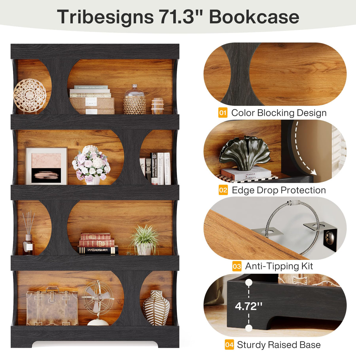 71" Tall 4-Tier S-Shaped Wood Bookcase O242