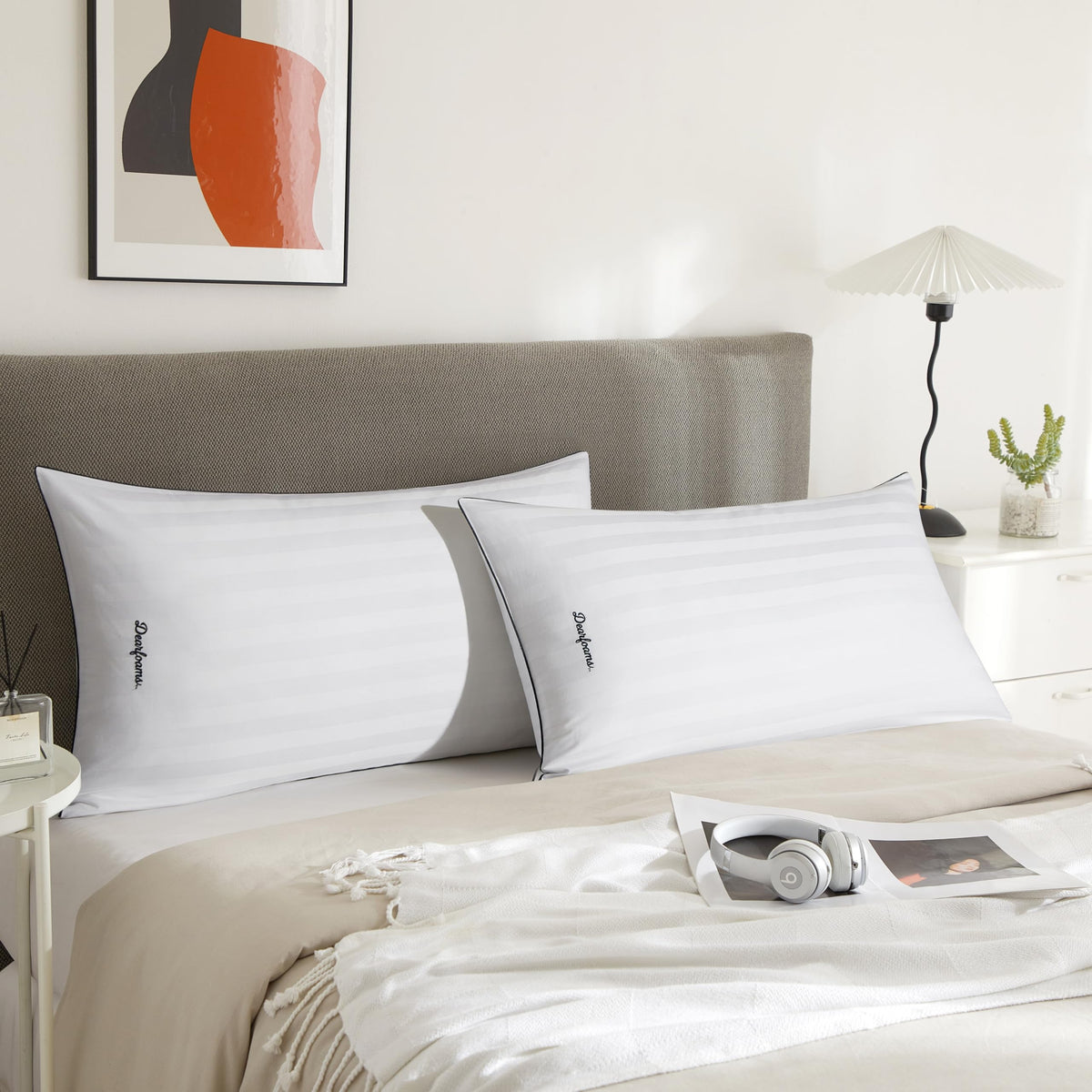 Set of 2 King Size Cotton Stripe Down Alternative Bed Pillows K204132