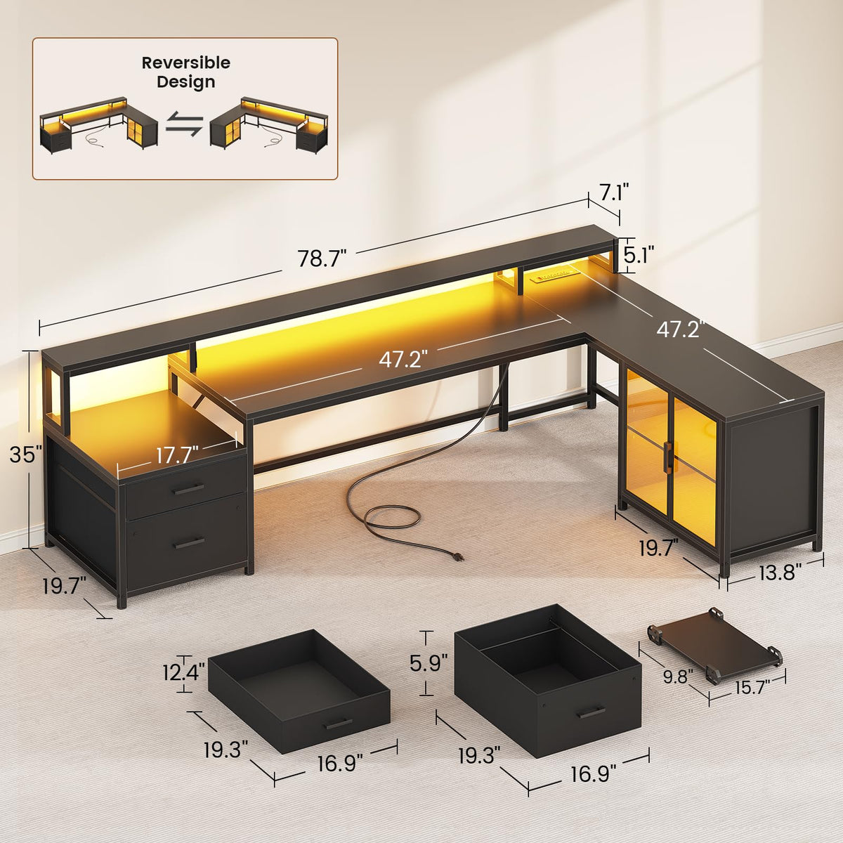 78.7” L Shaped Gaming Desk with Drawers E236456