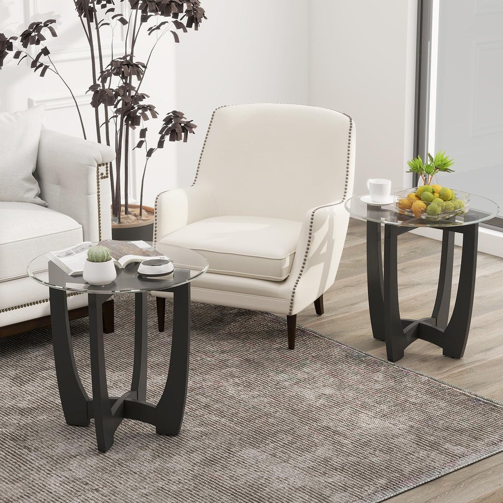 Glass Round End Table Set of 2, 23.5" Black O8119