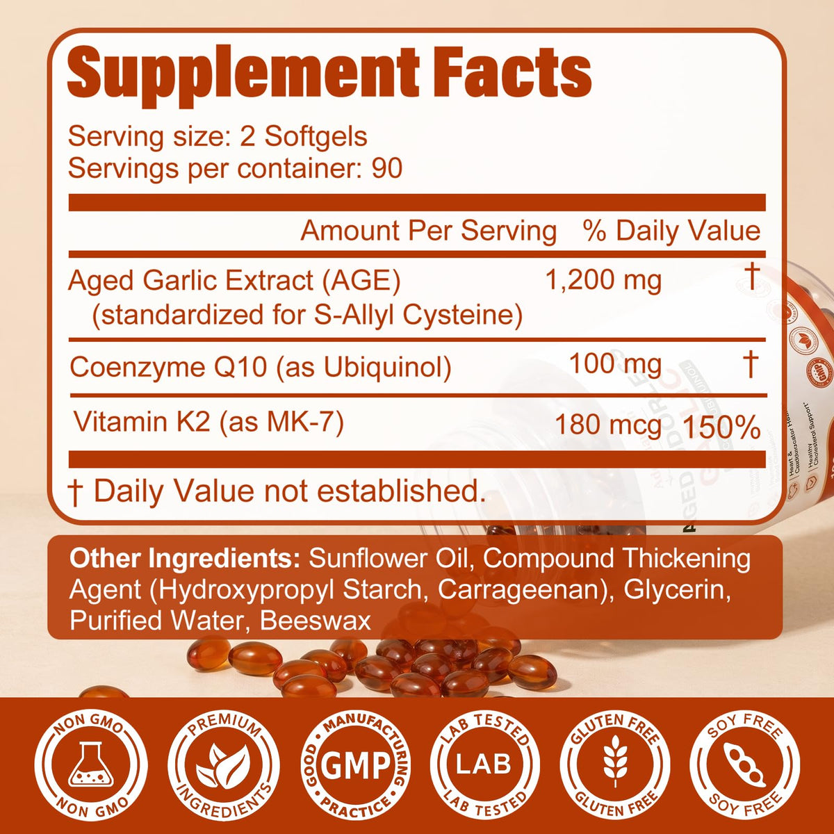 Aged Garlic Extract 1200 mg Softgels with CoQ10 Ubiquinol & Vitamin K2 180 Counts U93790