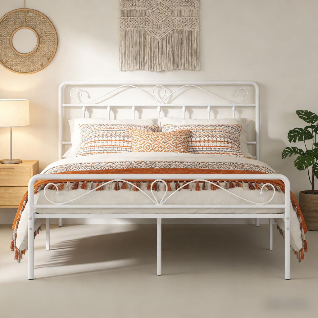 White Metal Full Size Platform Bed Frame with Headboard and Footboard H4143