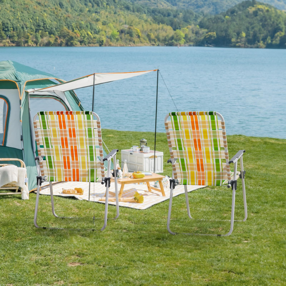 Set of 2 Webbed Folding Beach Chairs Yellow & Green Y307