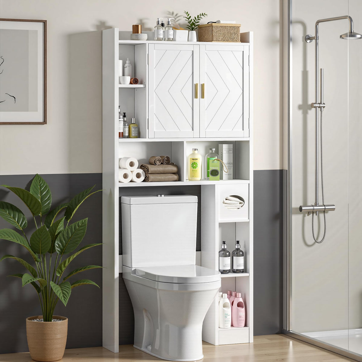 Over The Toilet Storage Cabinet with Adjustable Shelves and Toilet Paper Holder Stand White B618