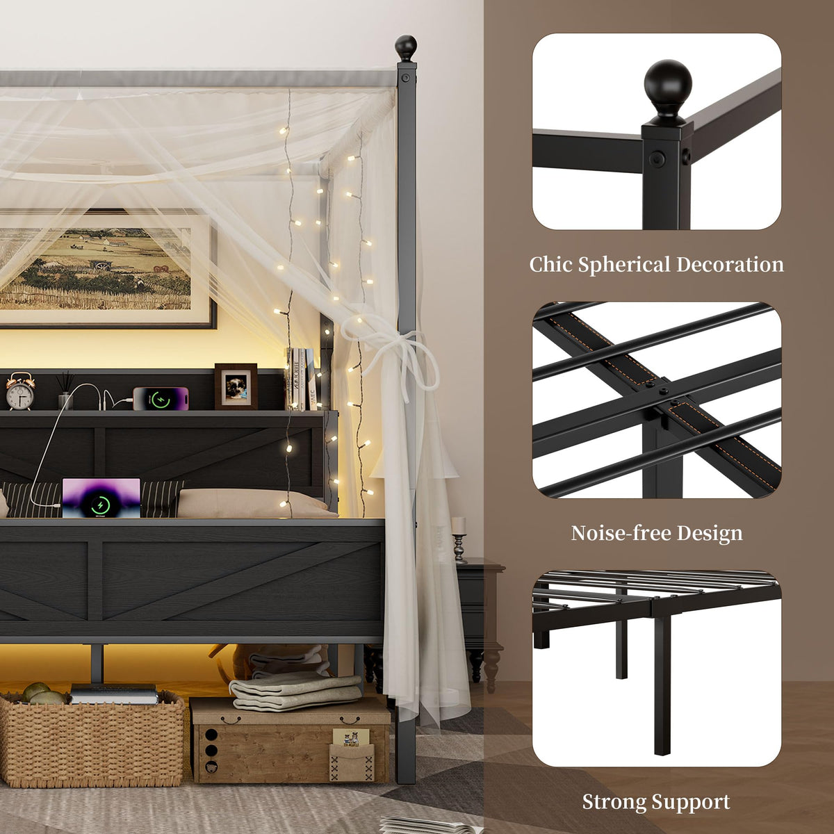 Queen Size Metal Canopy Bed Frame with Storage Headboard I3845