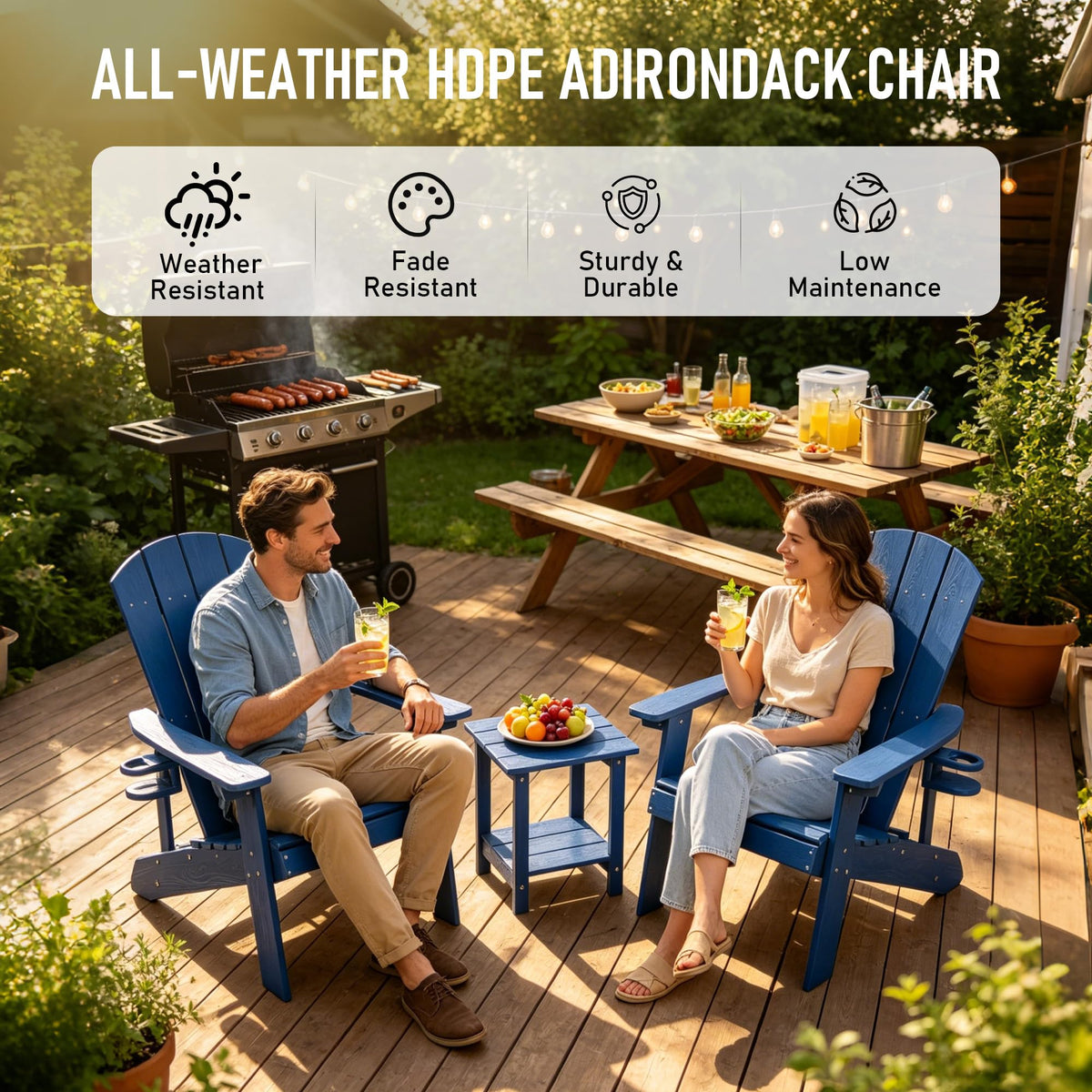 Blue HDPE Adirondack Chair with Cup Holders B636