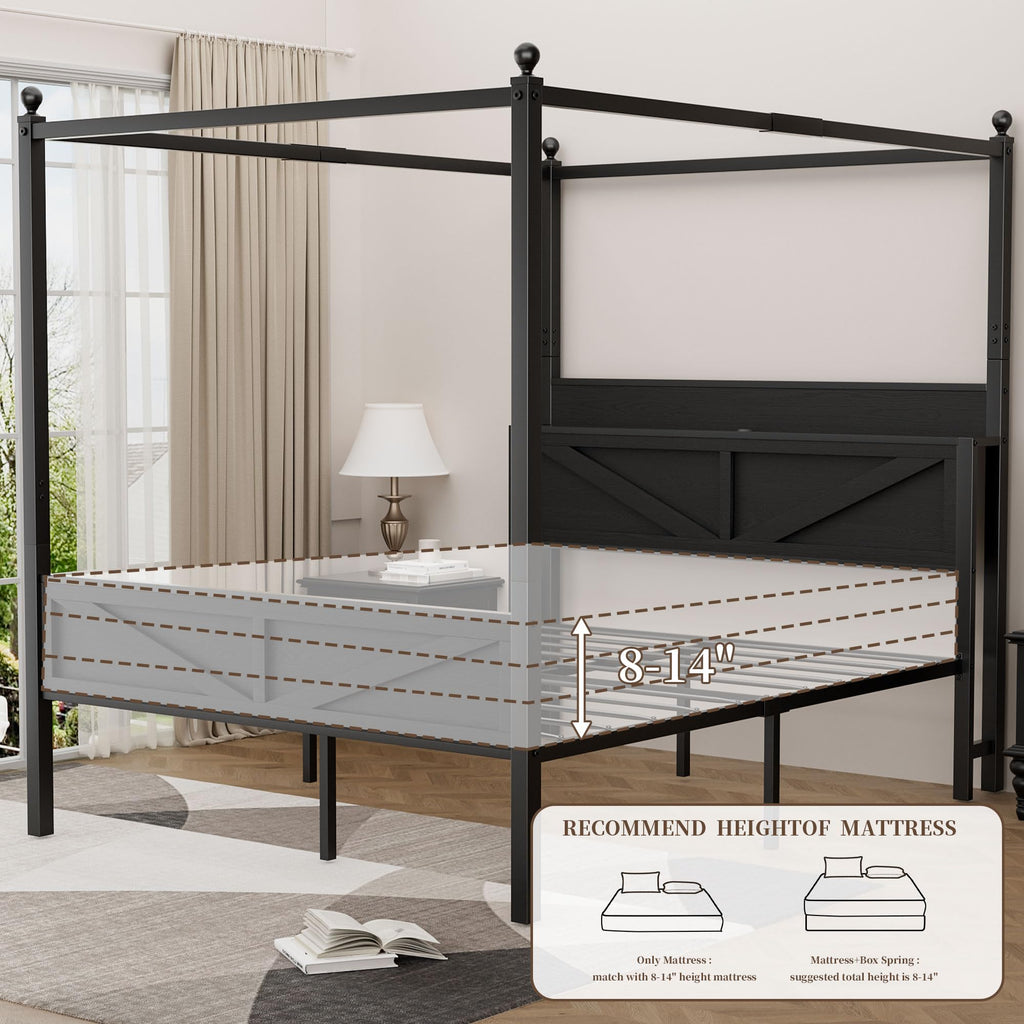 Queen Size Metal Canopy Bed Frame with Storage Headboard I3845