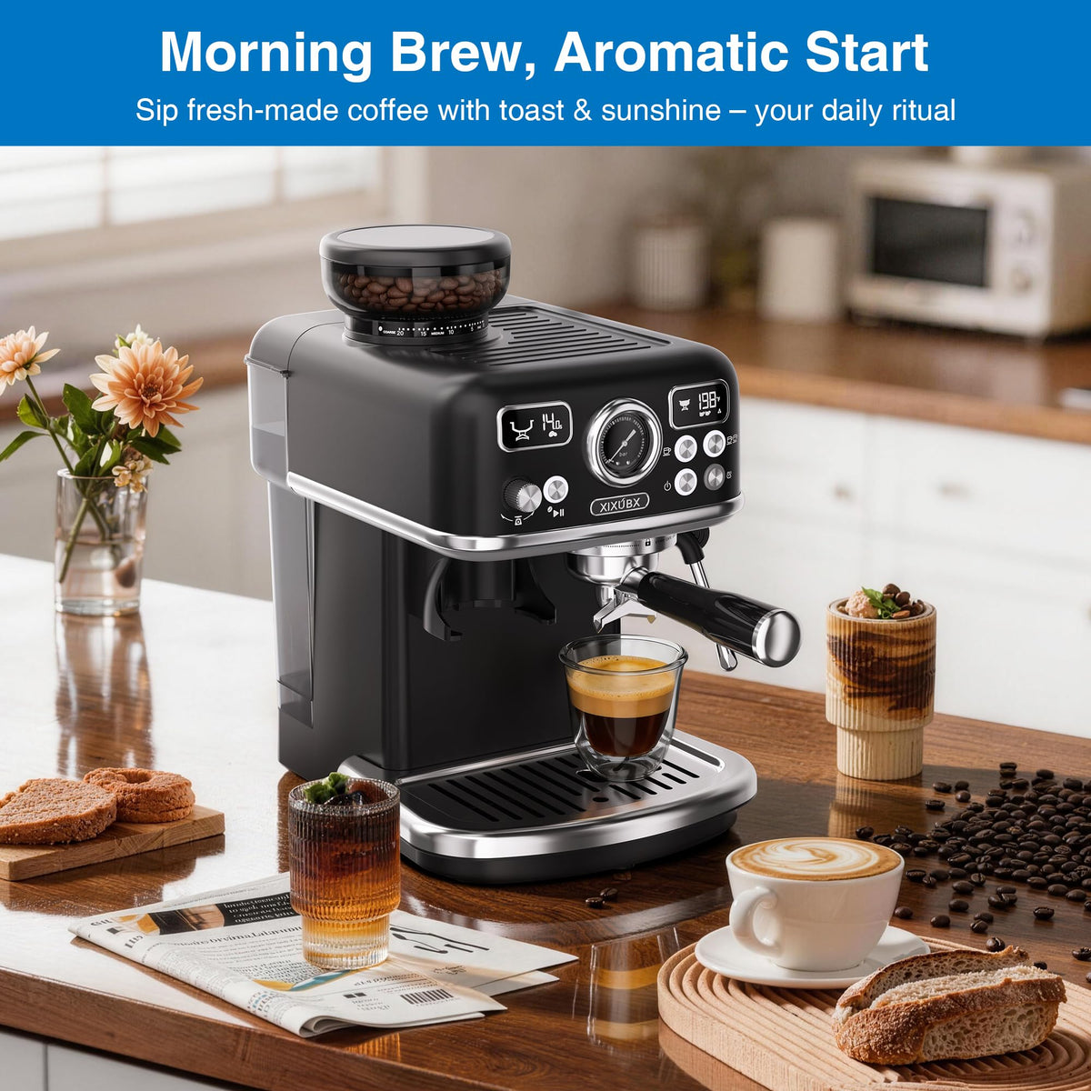 Espresso Machine with Grinder, PID & Programmable Settings, Black U43295
