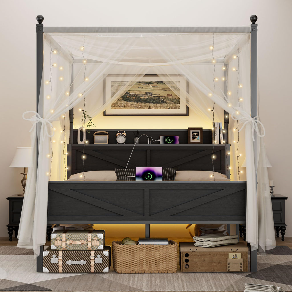 Queen Size Metal Canopy Bed Frame with Storage Headboard I3845