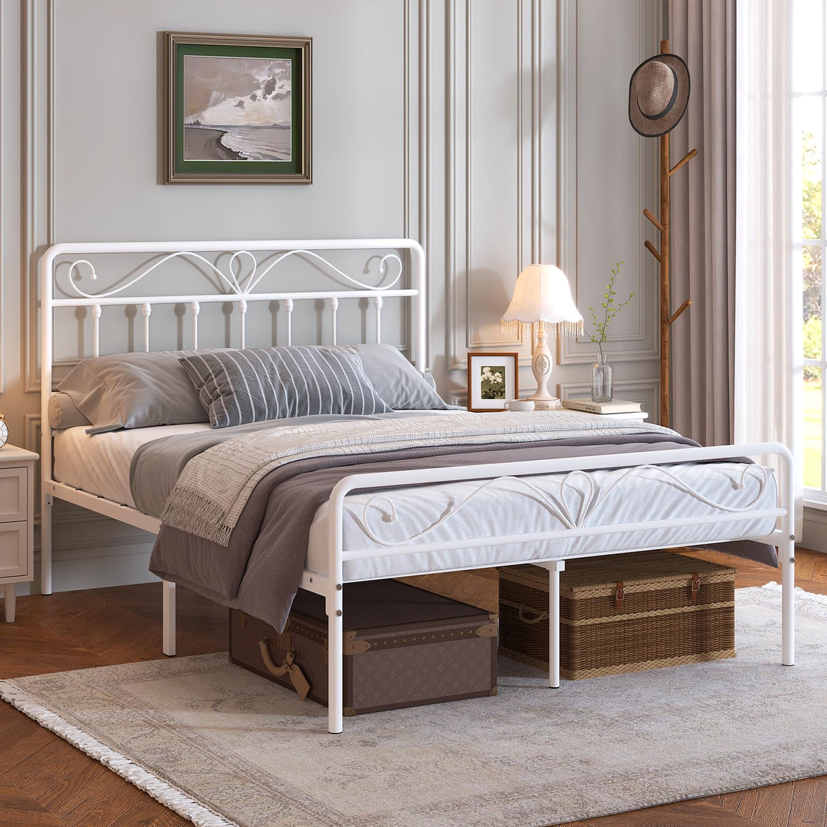 White Metal Full Size Platform Bed Frame with Headboard and Footboard H4143