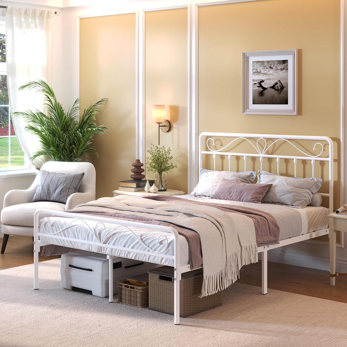 White Metal Full Size Platform Bed Frame with Headboard and Footboard H4143