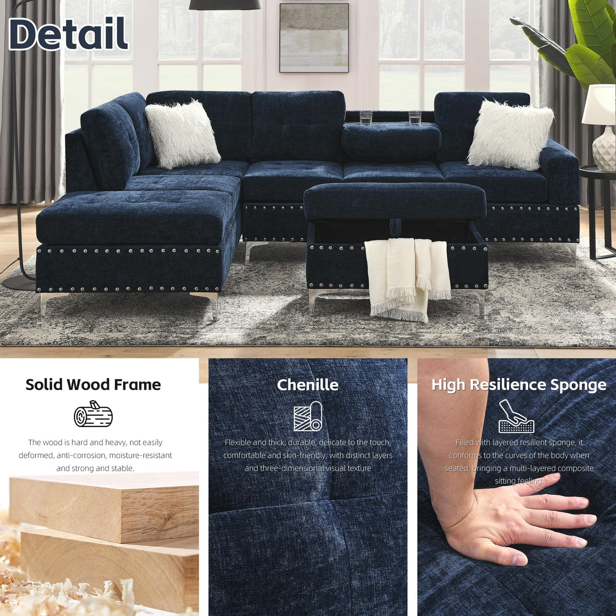 108'' Chenille Navy Blue L-Shaped Sectional Sofa with Storage Ottoman O45356