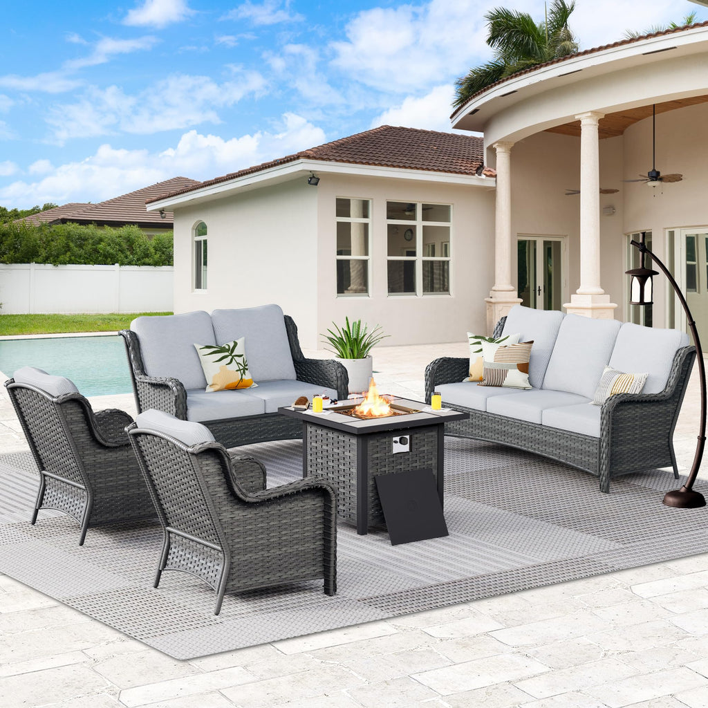 5 Piece Wicker Sofa Set with Fire Pit Table E372