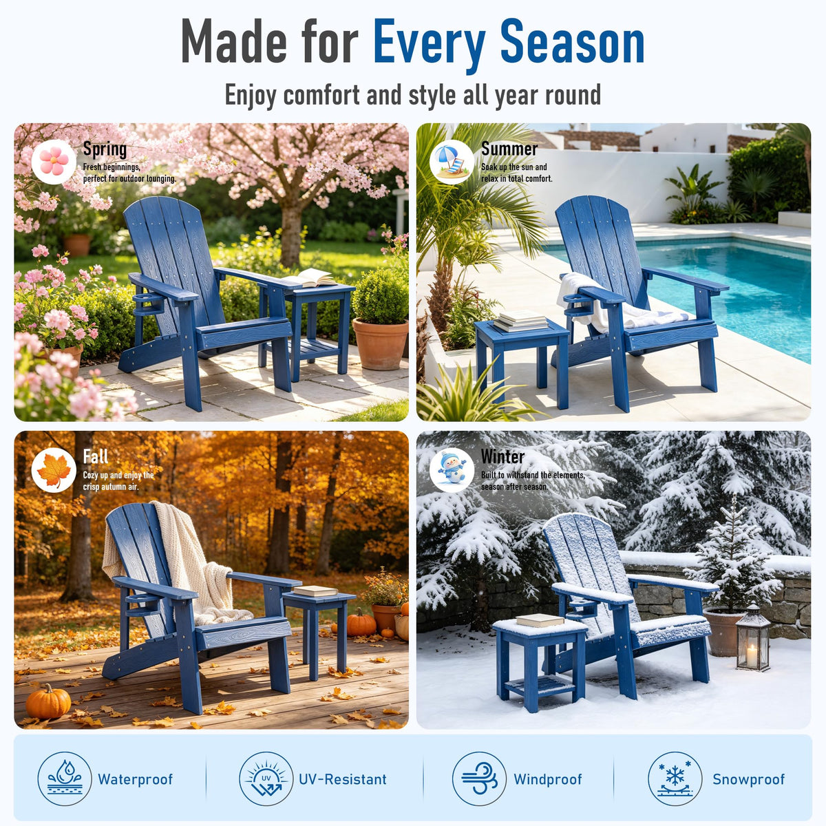 Blue HDPE Adirondack Chair with Cup Holders B636