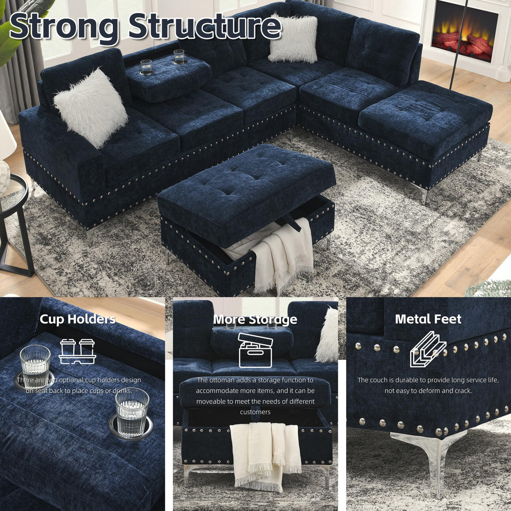 108'' Chenille Navy Blue L-Shaped Sectional Sofa with Storage Ottoman O45356